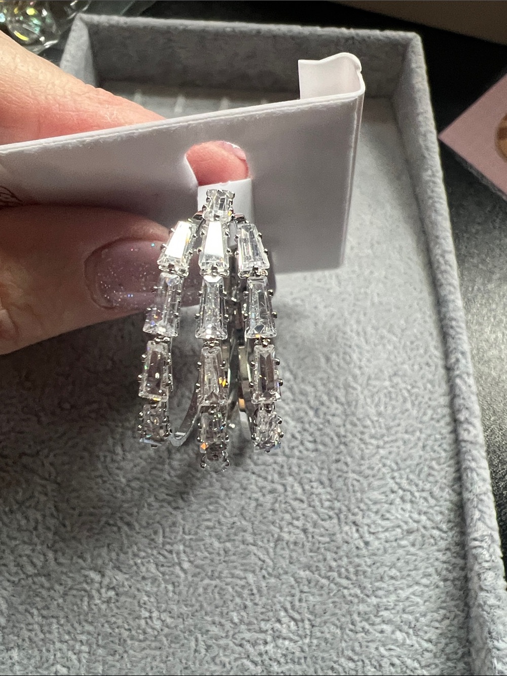 Silver Baguette Crystal Hoop Earrings - Clear